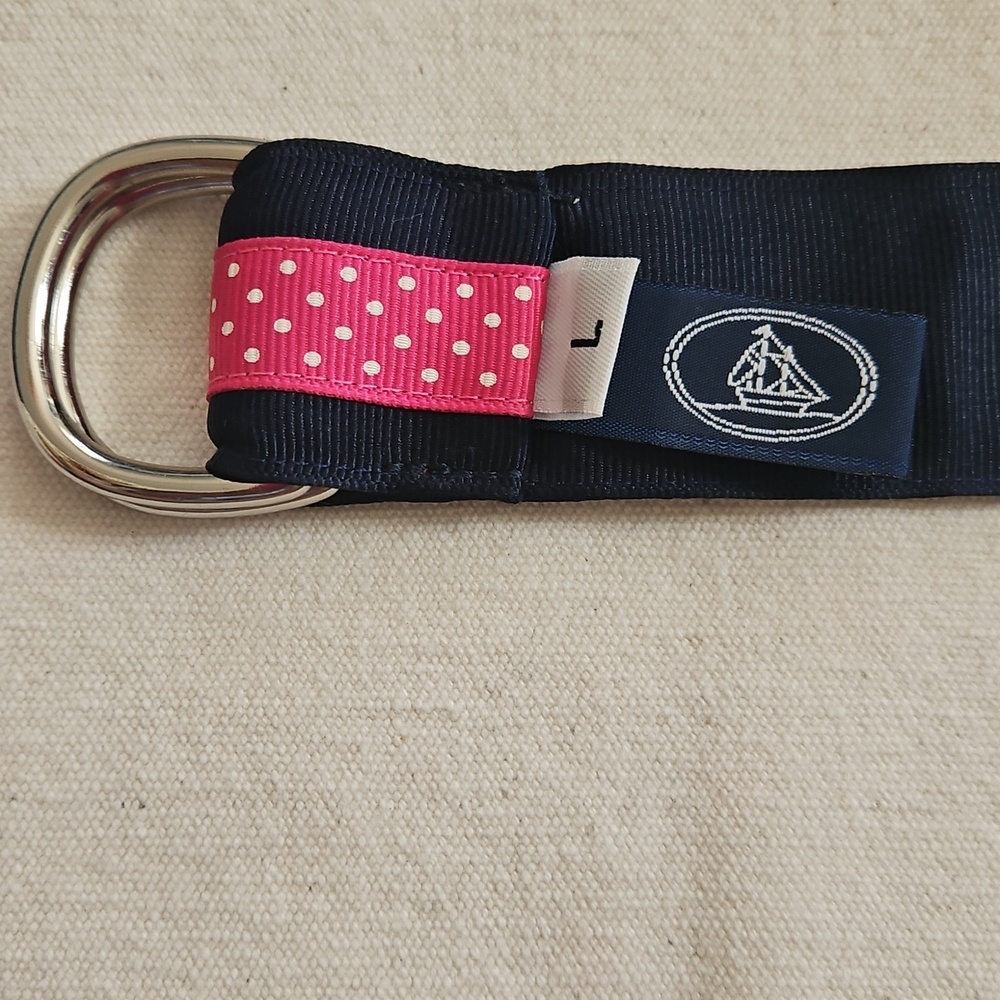 Leather Man Navy And Pink Polka Dot Grosgrain D Ring Women's Belt - Picture 4 of 5